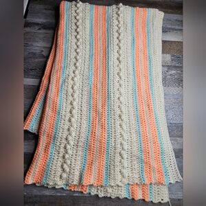 Crochet Handmade Blanket 44x68 Inches Cream Orange Blue